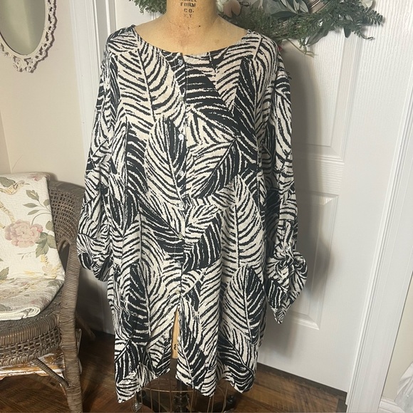 Cynthia Rowley Linen Tunic Black Cream Palm Leaf Print Womens Button Down 3X - Picture 1 of 5